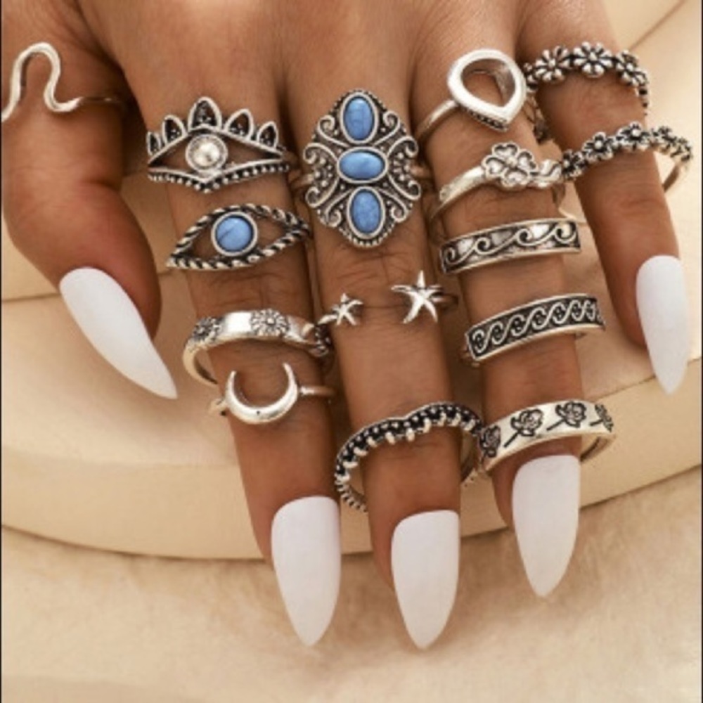 Boho Silver Stackable Knuckle Ring Set 16pc Moon Star Blue Stone NWT